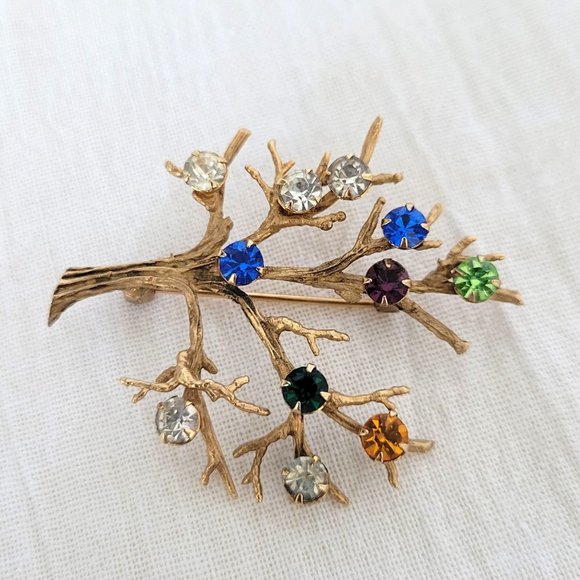 Sterling Gold Vermeil Tree of Life Brooch Pin Crystal Accents Vintage 1960s - Picture 6 of 10